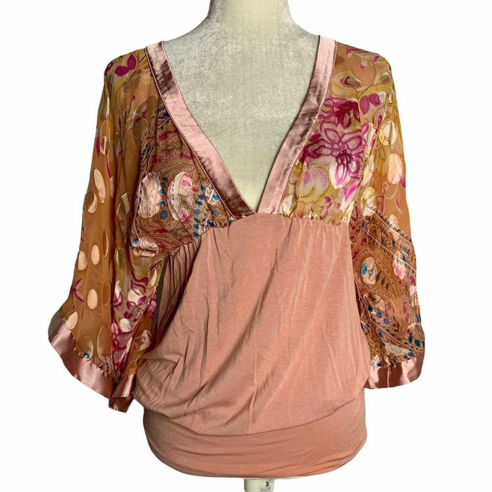 Vintage 90s Kimono Sleeve Blouse S Pink Floral